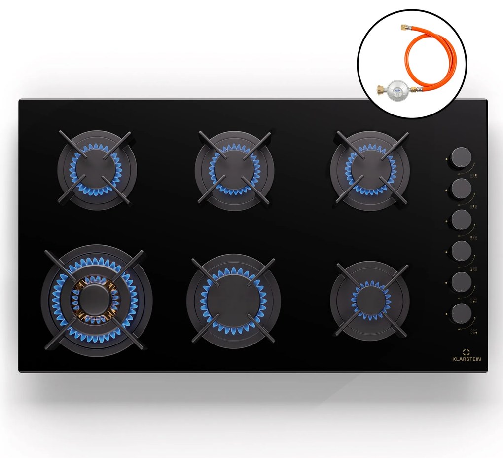 Klarstein Goldflame 6, gáz főzőlap, önálló, 6 égő, oldalsó vezérlés, gáz/propán, üvegkerámia, fekete