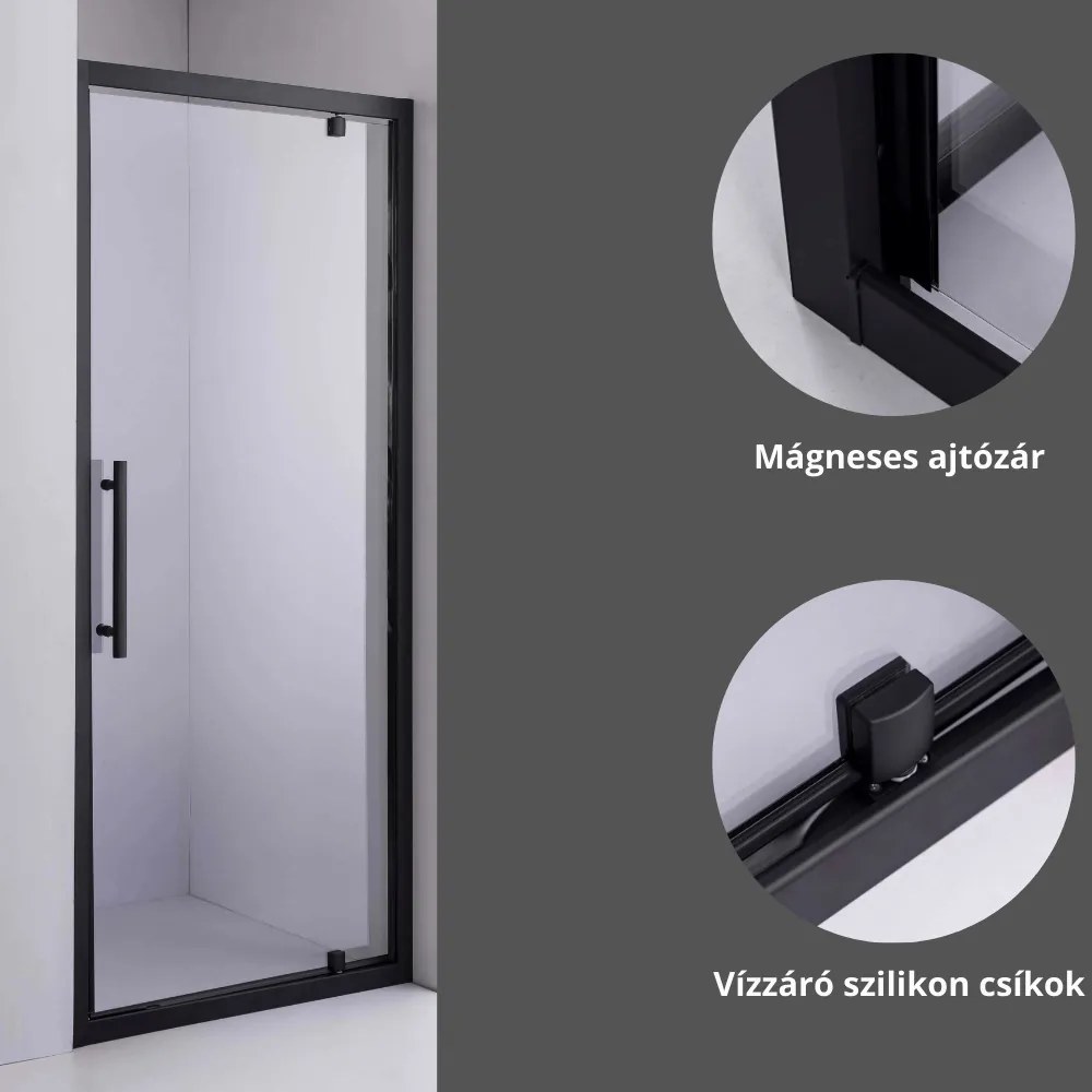 Stuxi Torino Black 80 cm széles nyílóajtós zuhanyajtó 6 mm vastag vízlepergető biztonsági üveggel, fekete elemekkel, 200 cm magas