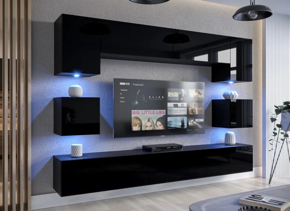 Venezia Next AN-1 nappali faliszekrény sor - 240 x 207 cm (magasfényű fekete)