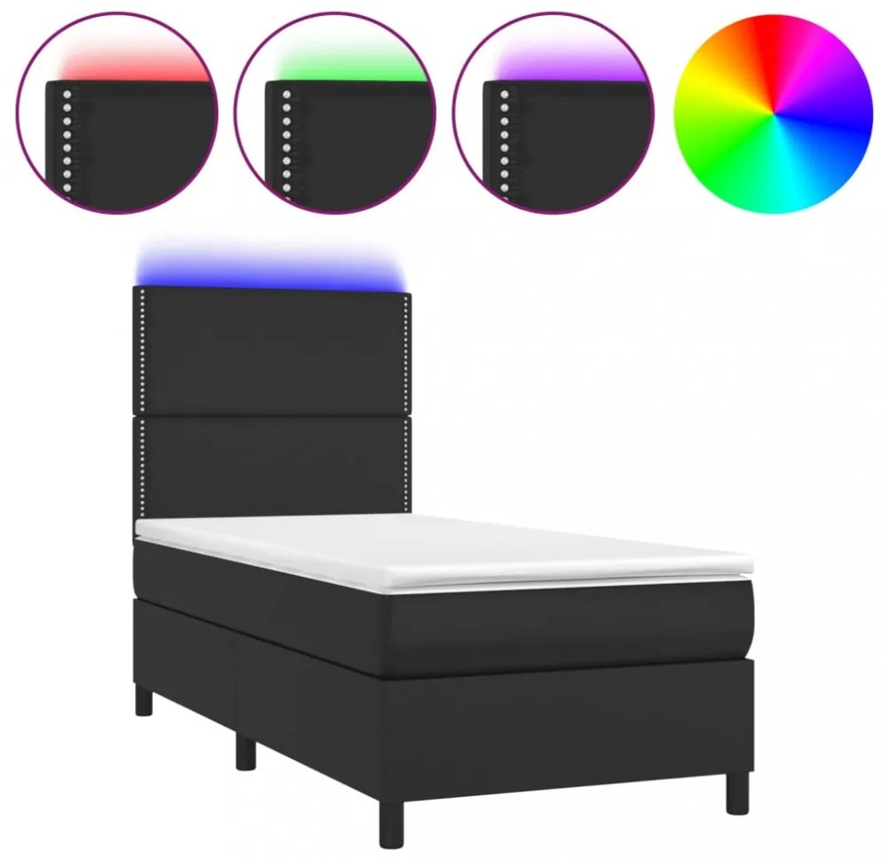 fekete műbőr rugós ágy matraccal és LED-del 80 x 200 cm