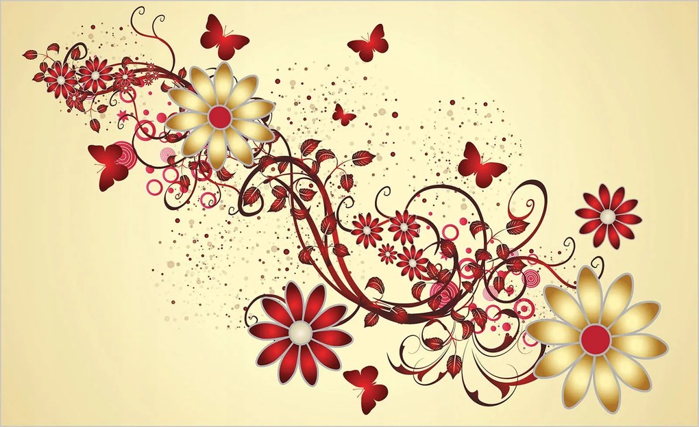 Flizelin fotótapéta Piros-arany virágok elegancia 368x254 +ragasztó