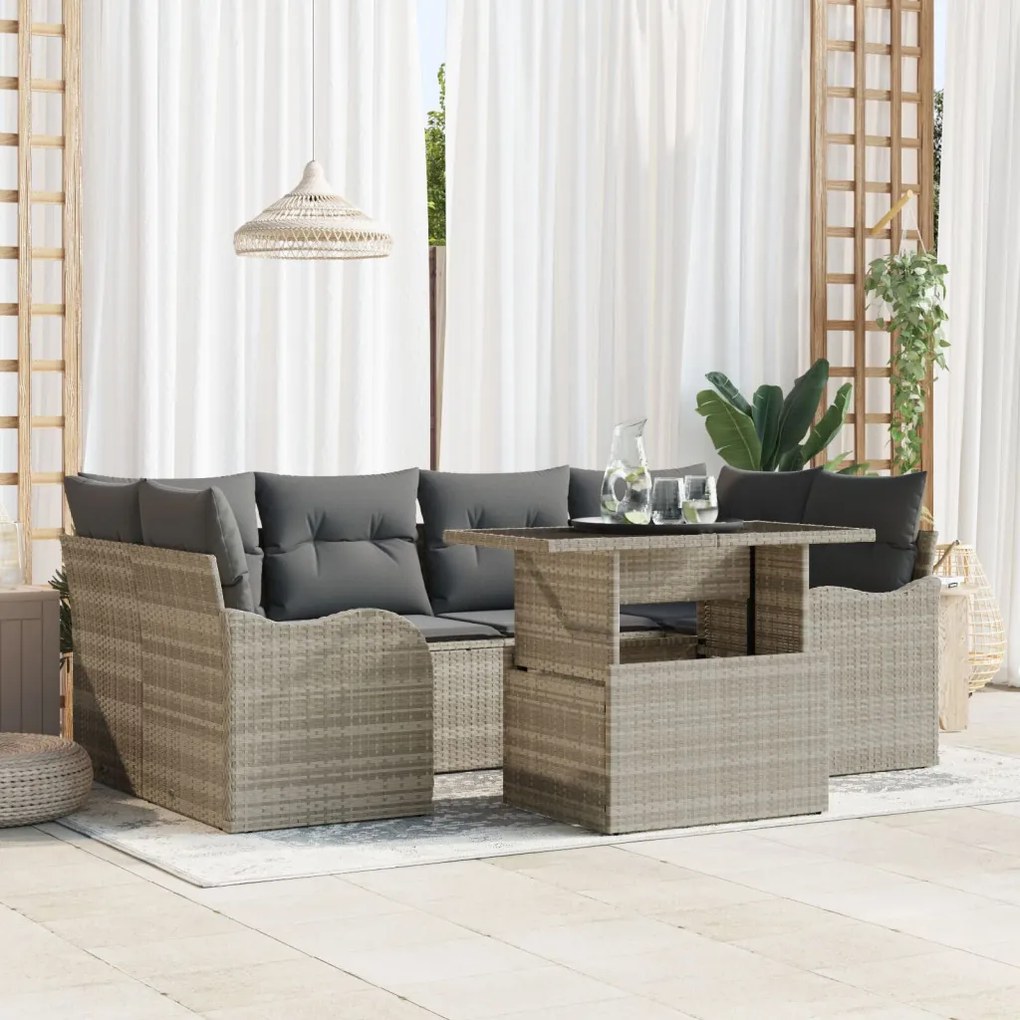 7 darabos kerti kanapé párnákkal, világosszürke poli rattan, 2-személyes kerti kanapé párnákkal, világosszürke poli rattan