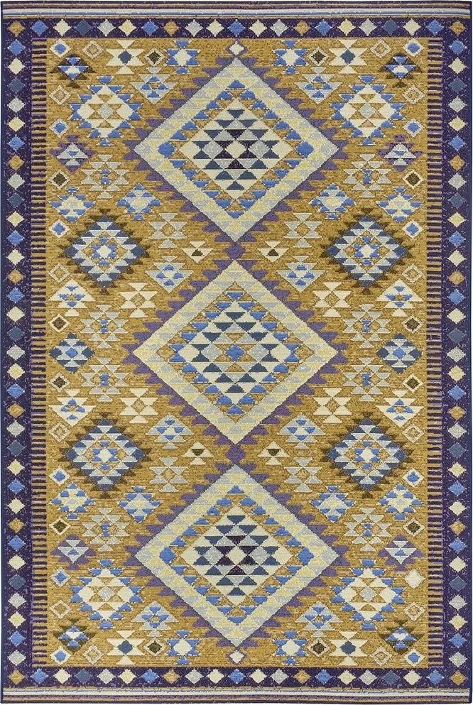 Nappali szőnyeg 160x235cm, zsenília etnikai mintás sárga lapos szövésű