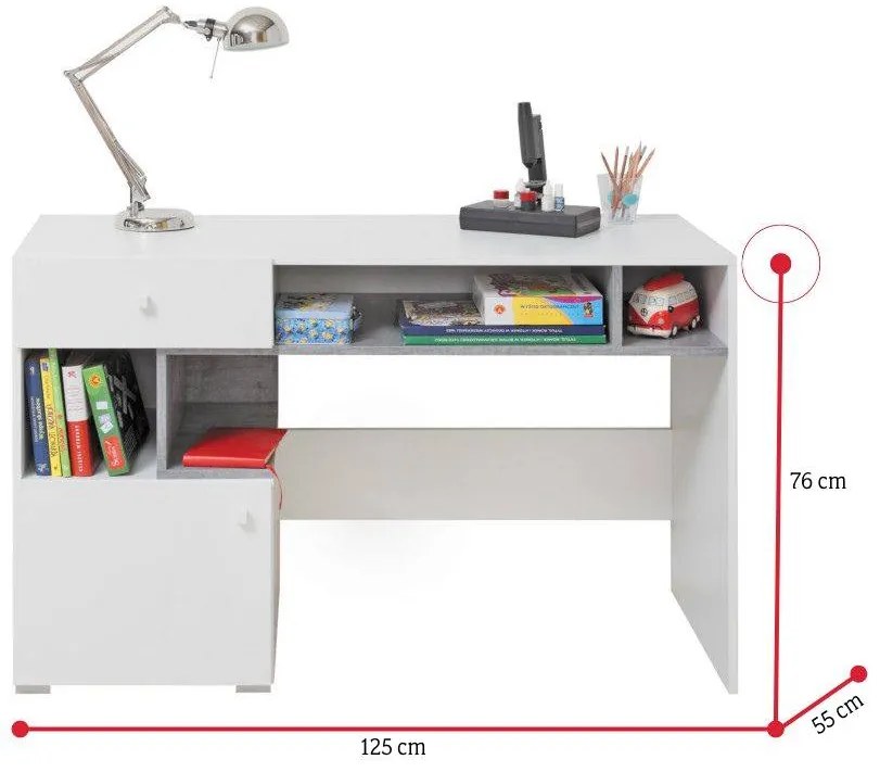 SIGMAR íróasztal, 125x76x55, fehér/beton