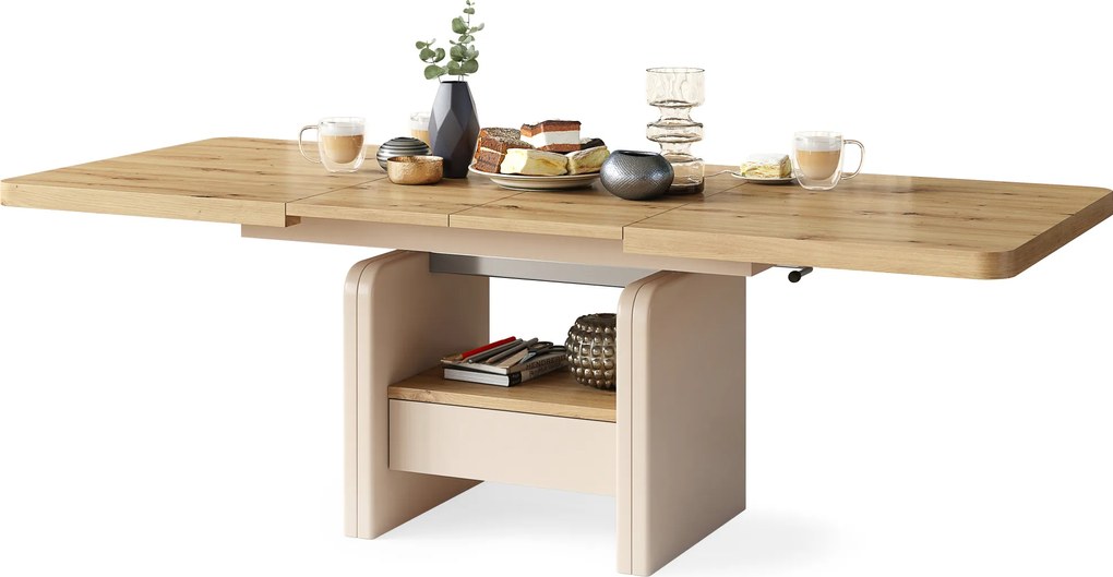 Mazzoni LEXUS Artisan Tölgy/Bézs (Pezsgőszínű) - MODERN DOHÁNYZÓASZTAL NYITHATÓ/MAGASÍTHATÓ ÉTKEZŐASZTAL ÉS DOHÁNYZÓASZTAL EGYBEN
