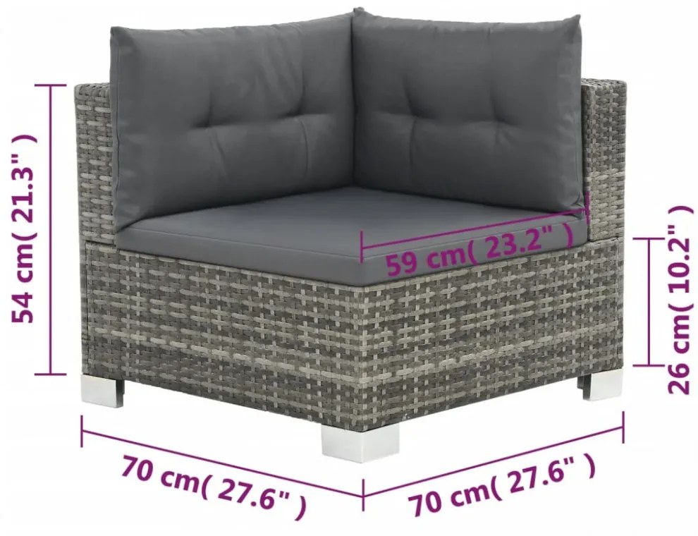 10-részes szürke polyrattan kerti bútorszett párnákkal