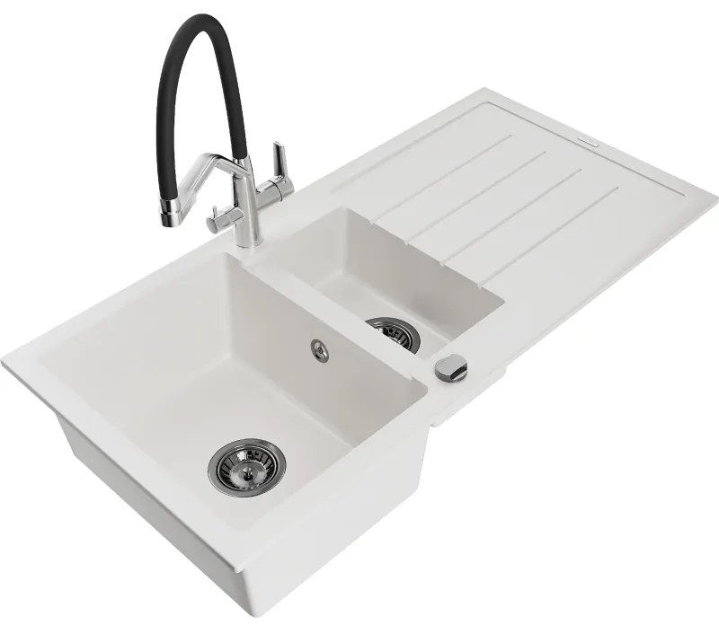 Mexen Andres gránit mosogató 1,5 medencés csepegtetővel és Duo konyhai csapteleppel, fehér - 6515-20-671701-07-B