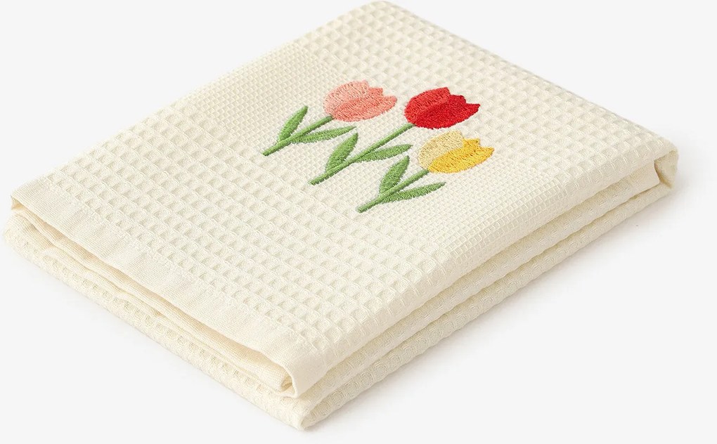 Goldea hímzett waffle konyharuha - tulipánok krémszínű alapon 50 x 70 cm