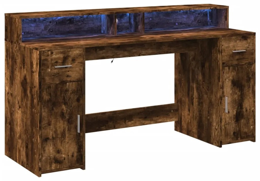 füstös tölgy színű szerelt fa íróasztal LED-ekkel 160x55x91 cm