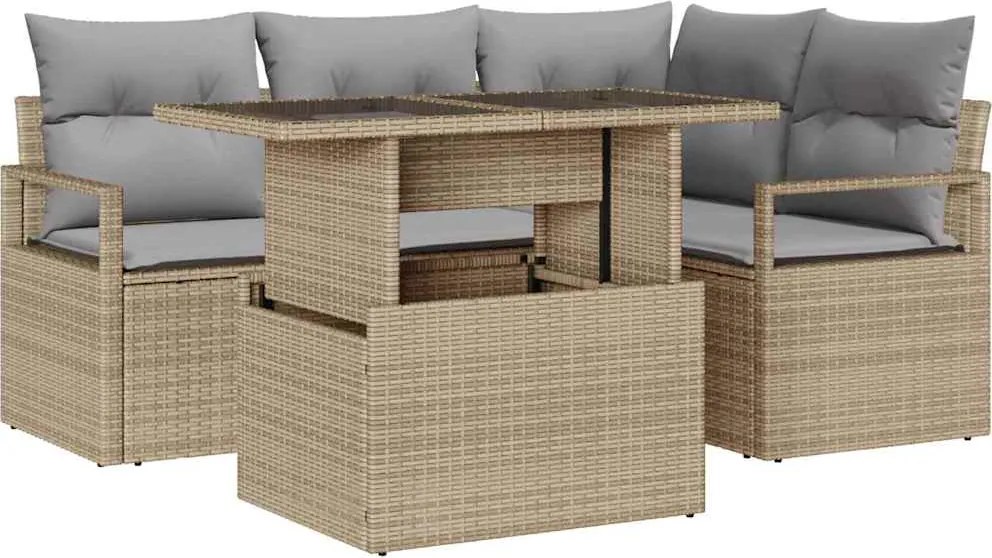 vidaXL Kerti Kanapé Szett 5 pcs bézs és világosszürke polirattan