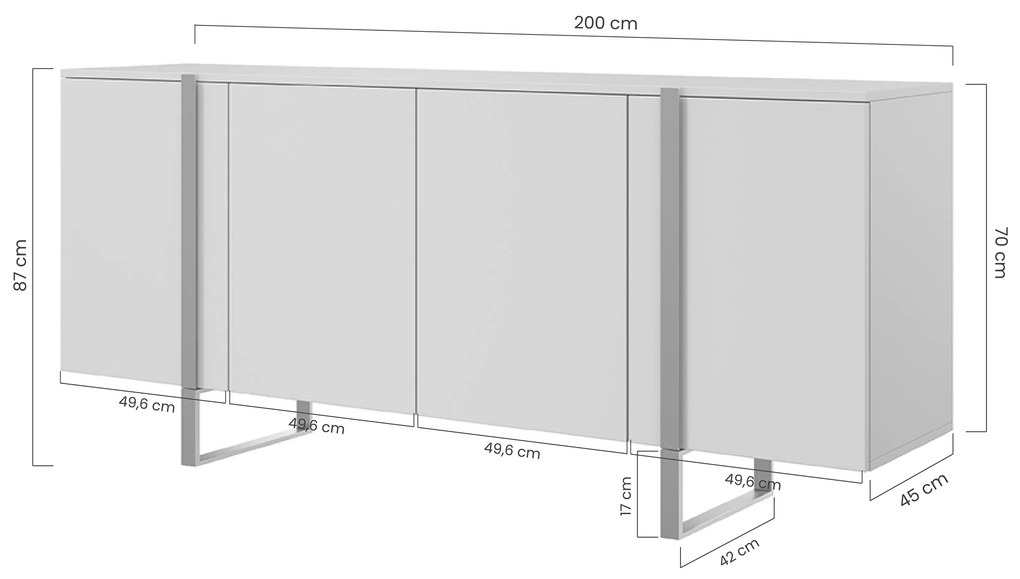 Verica komód 200 cm négyajtós - fekete beton / fekete lábak