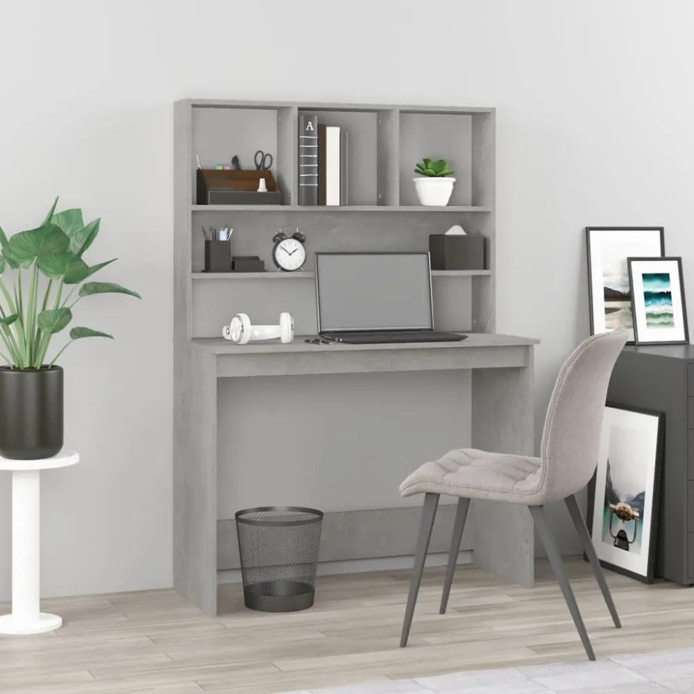 betonszürke szerelt fa íróasztal polcokkal 102 x 45 x 148 cm