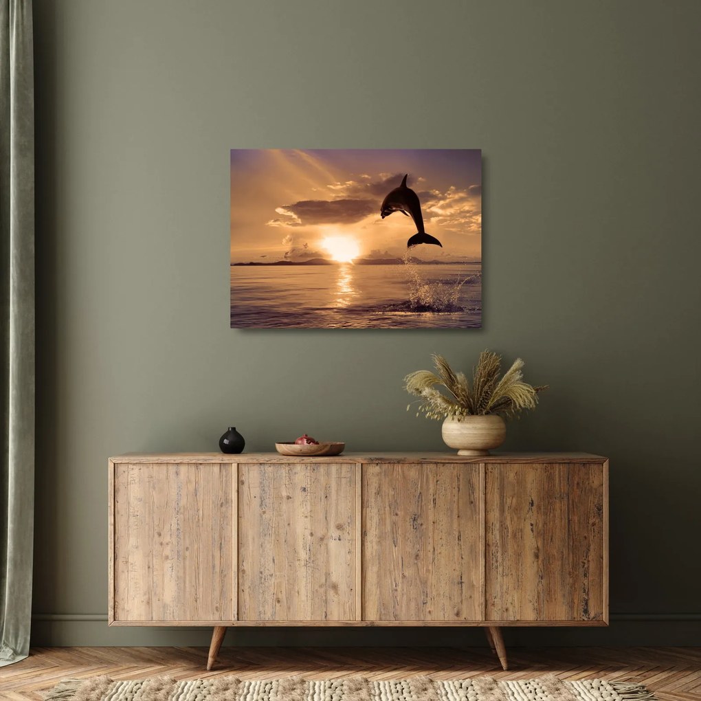 Üveg kép - Delfin naplementében (70x50 cm)
