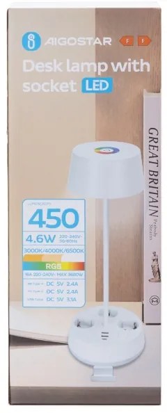 Aigostar-LED RGBW Fényerőszabályozható asztali lámpa konnektorokkal és USB-porttal LED/4,6W/230V fehér