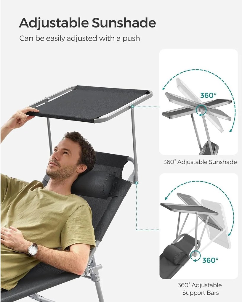 Összecsukható napozóágy napellenzővel 53 x 193 x 29,5 cm, 150 kg-ig terhelhető, sötétszürke