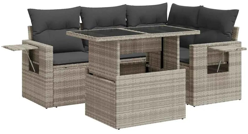 5 részes világosszürke polyrattan kerti ülőgarnitúra párnákkal