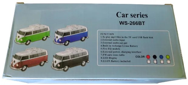 Volkswagen Transporter T1 alakú világító bluetooth hangszóró és rádió – villogó fényszórókkal és guruló kerekekkel – 21 cm