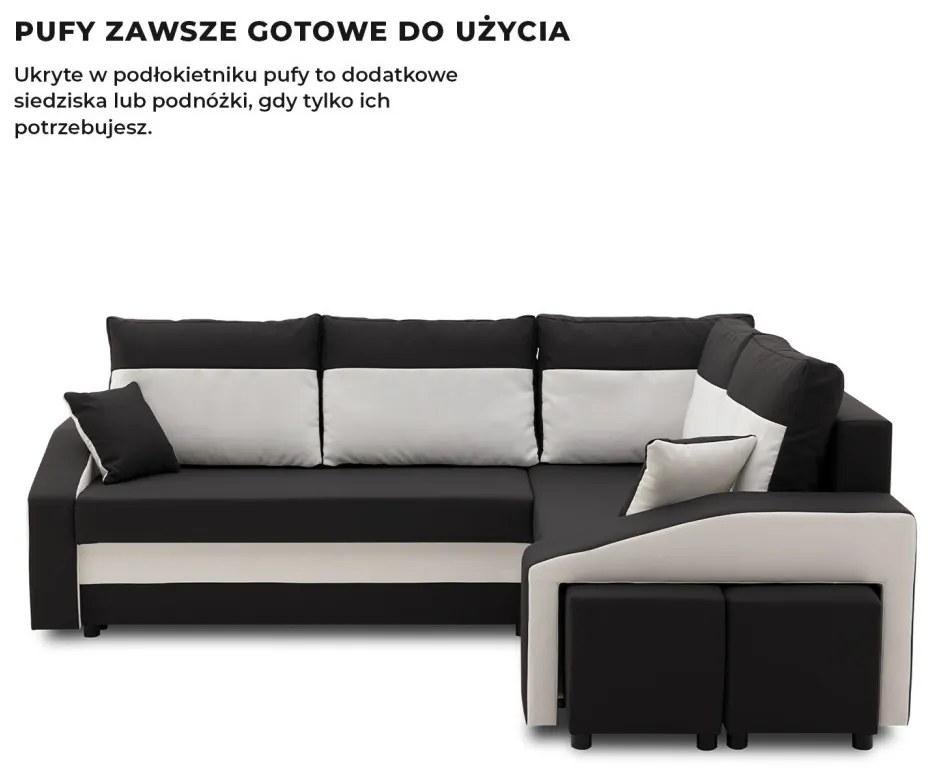 Grande sarokkanapé polcokkal és puffokkal , polc a bal karfaban puffok a jobb karfaban, jobboldali, szövet anyag, bonell töltet, fekete - fehér