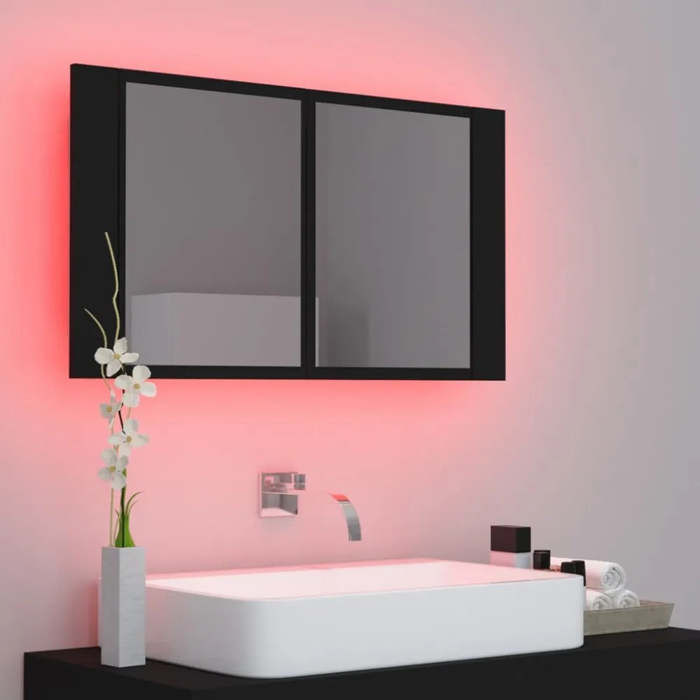 fekete akril LED-es tükrös fürdőszobaszekrény 80x12x45 cm