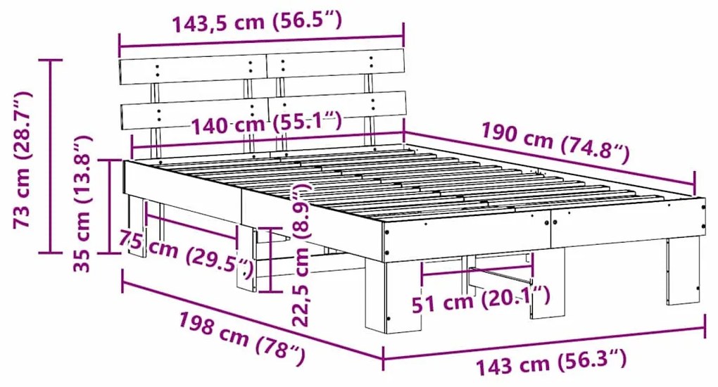 Ágykeret fejtámlával Fehér 140 x 190 cm