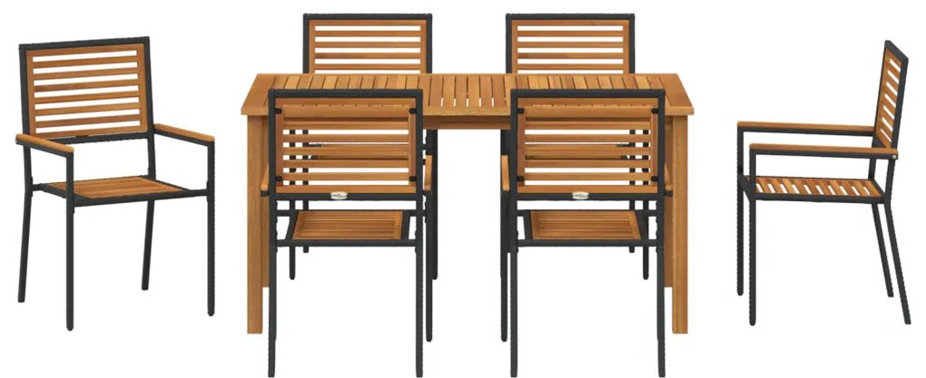 7 részes kert étkező szett fekete polyrattan akáciával, Stackelhető kerti székek párnákkal 2 db fekete polyrattan