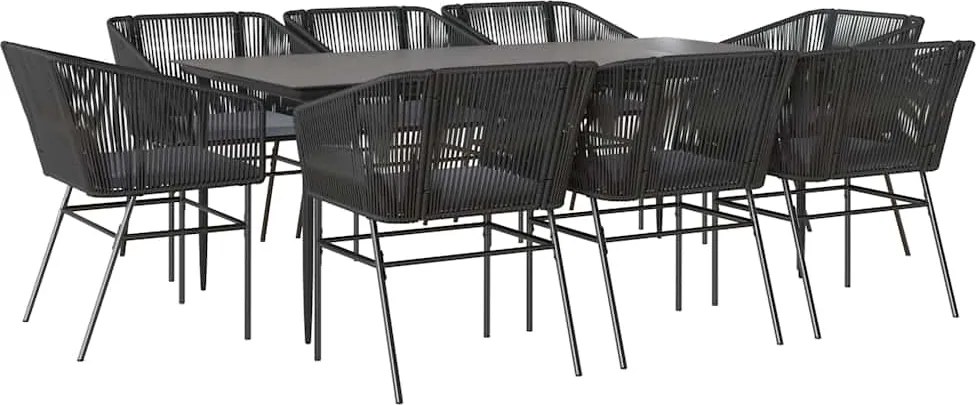 vidaXL 9 részes fekete polyrattan üveg kerti étkezőgarnitúra párnákkal