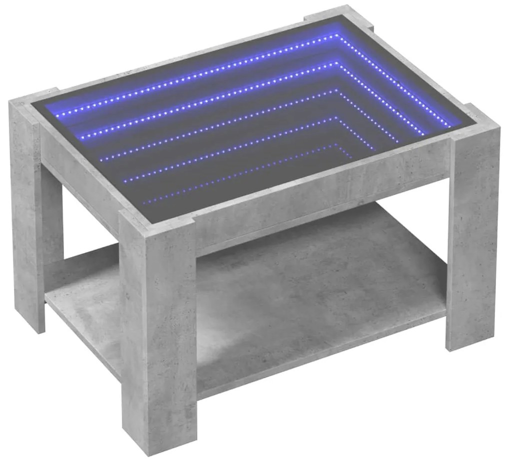 Betonszürke szerelt fa dohányzóasztal LED-del 73 x 53 x 45 cm