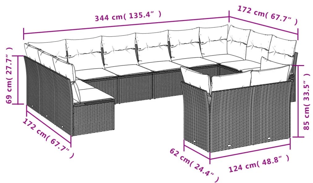 12 részes fekete polyrattan kerti ülőgarnitúra párnákkal