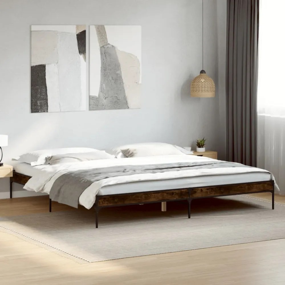 füstös tölgyszínű szerelt fa és fém ágykeret 200 x 200 cm