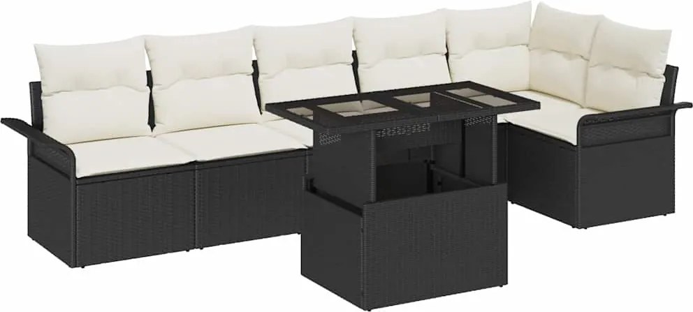 vidaXL Kerti Kanapé Szett párnával 7 pcs Fekete Poli rattan