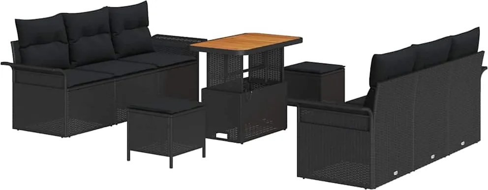 vidaXL Kerti Kanapé Szett párnával 9 pcs Fekete polirattan