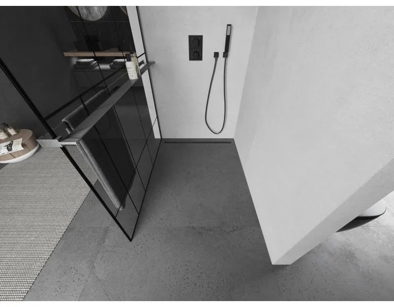 Mexen Kioto+, Walk-In zuhanyparaván polccal és akasztóval 70 x 200 cm, 8 mm átlátszó üveg fekete mintás, grafit profil, 800-070-121-66-78