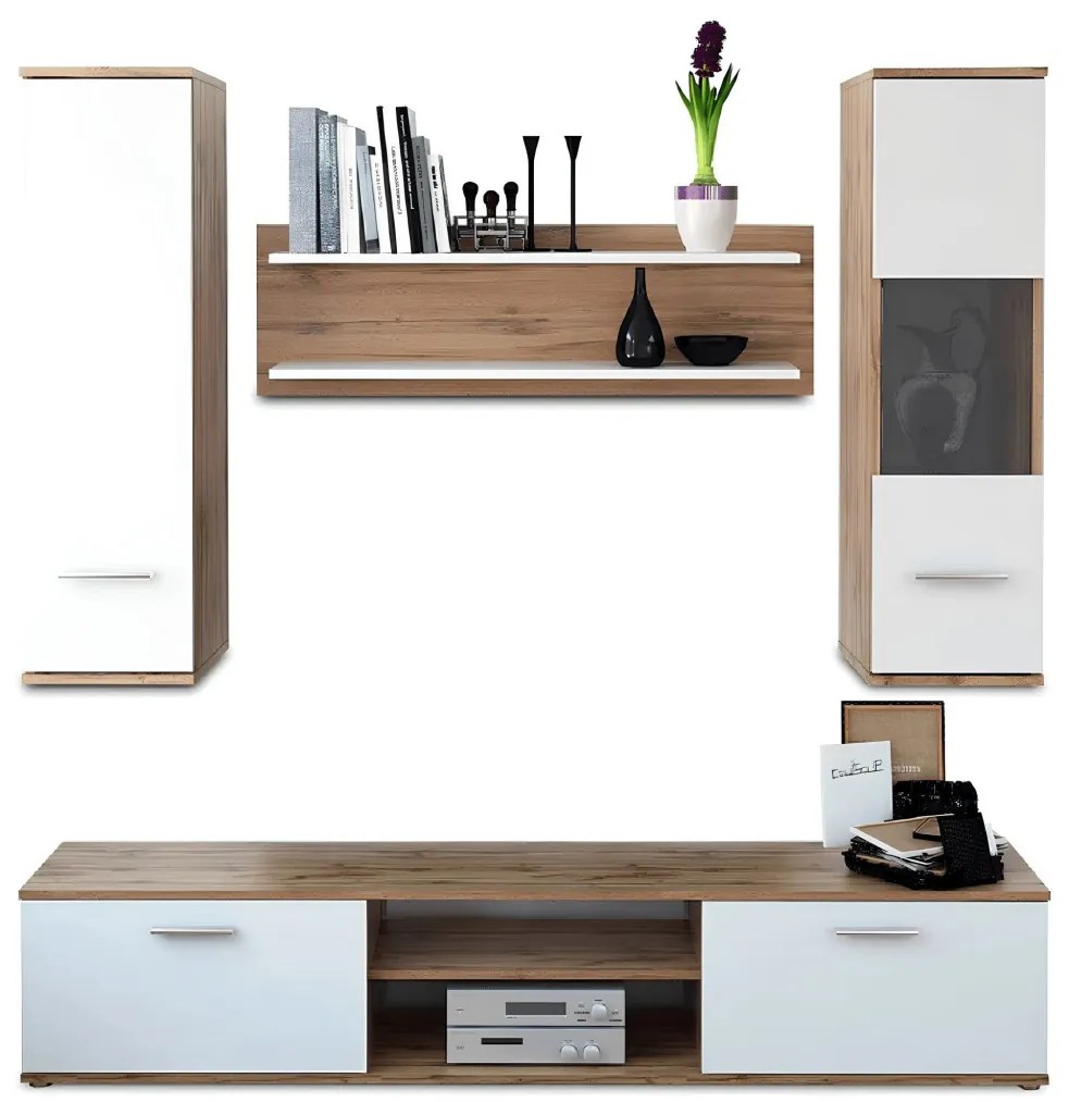 Nappali szekrénysor, tölgyfa wotan/fehér, WAW NEW