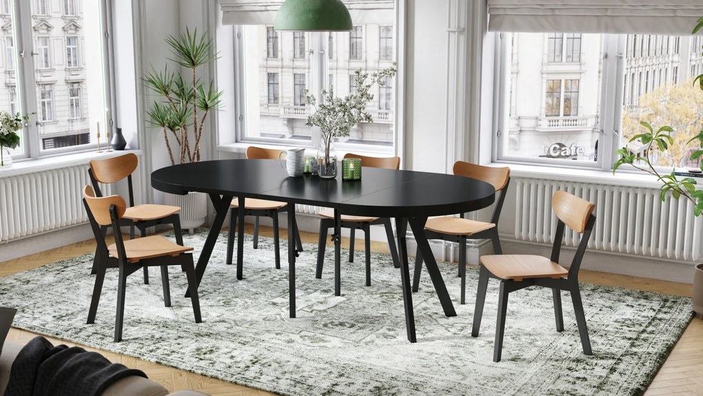 Mazzoni EXPANSO Fekete Matt/fekete lábak - LOFT/IPARI STÍLUSÚ 310 cm-re BŐVÍTHETŐ NAGY KEREK ASZTAL Ø110 Y LÁBAKKAL