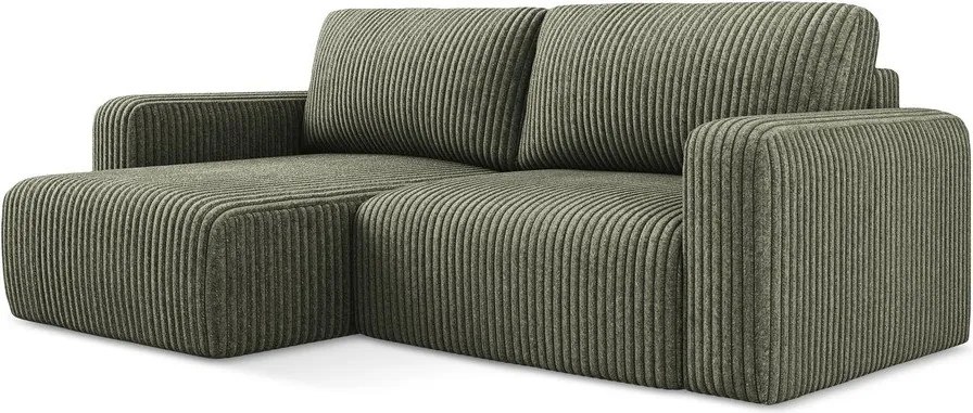 Zöld kordbársony kinyitható-tárolóhelyes sarokkanapé (bal oldali-heverő résszel) Kona – Makamii
