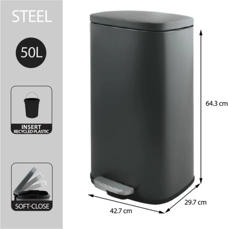 Sötétszürke acél pedálos szemetes 50 l Akira – Spirella
