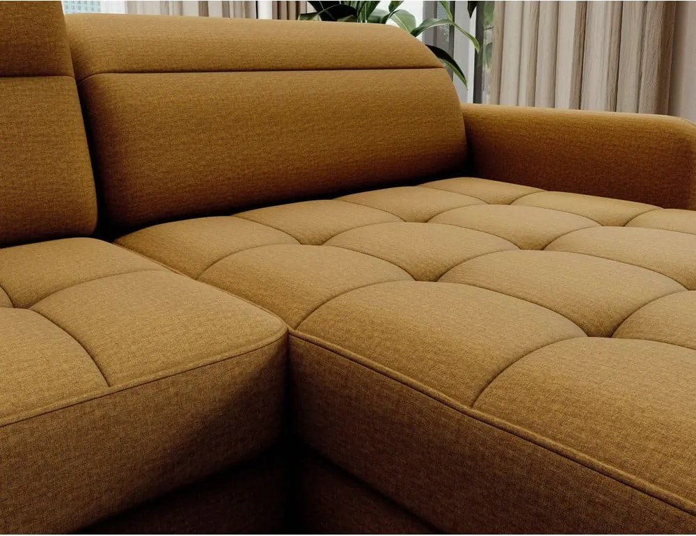 Sárga bársony kinyitható-tárolóhelyes sarokkanapé (bal oldali-U alakú) Berrto – ELTAP