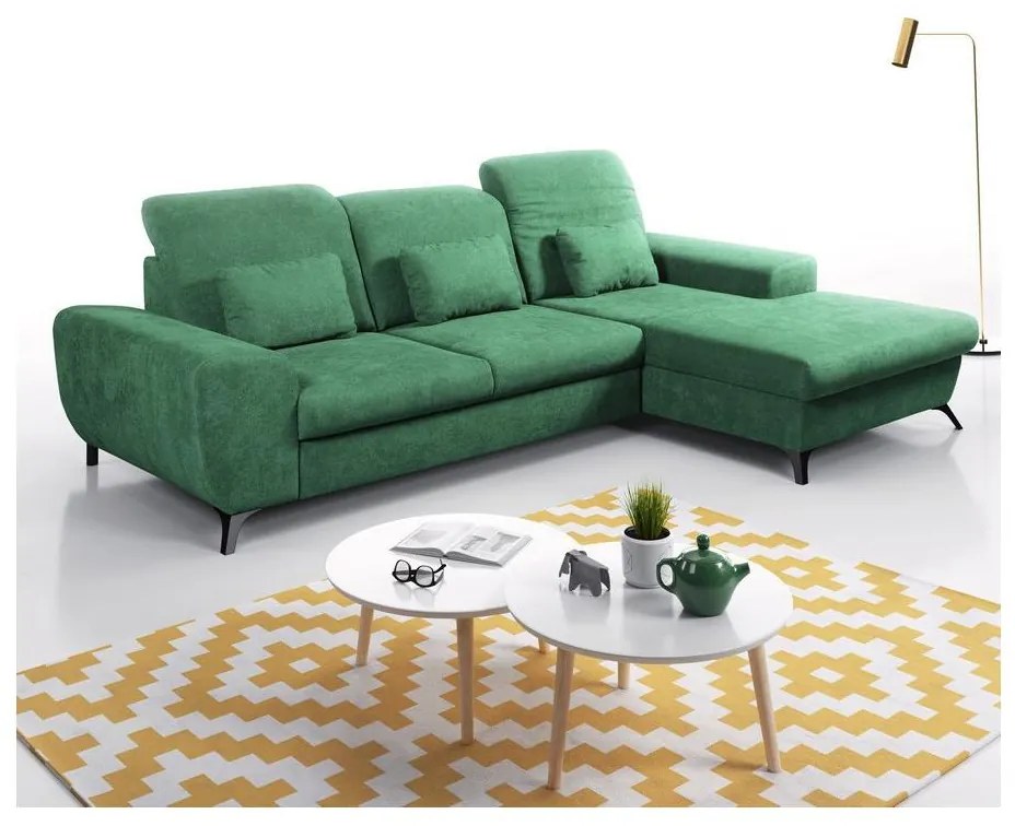 ALTA jobb oldali, L-alakú, ággyá nyitható kárpitozott sarokülőgarnitúra tárolóval, zöld