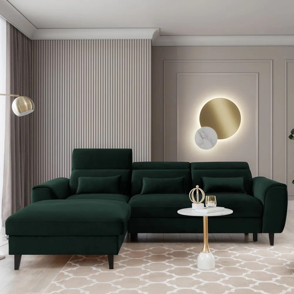 Sötétzöld bársony kinyitható-tárolóhelyes sarokkanapé (bal oldali-heverő résszel) Foble – ELTAP