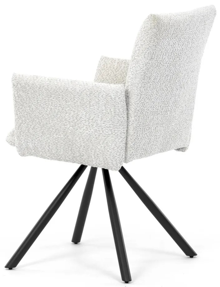 Scaun de sufragerie pivotant, țesătură Bouclé, picioare din metal negru, mecanism de rotire 90°/90° (dreapta/stânga) - funcție de resetare