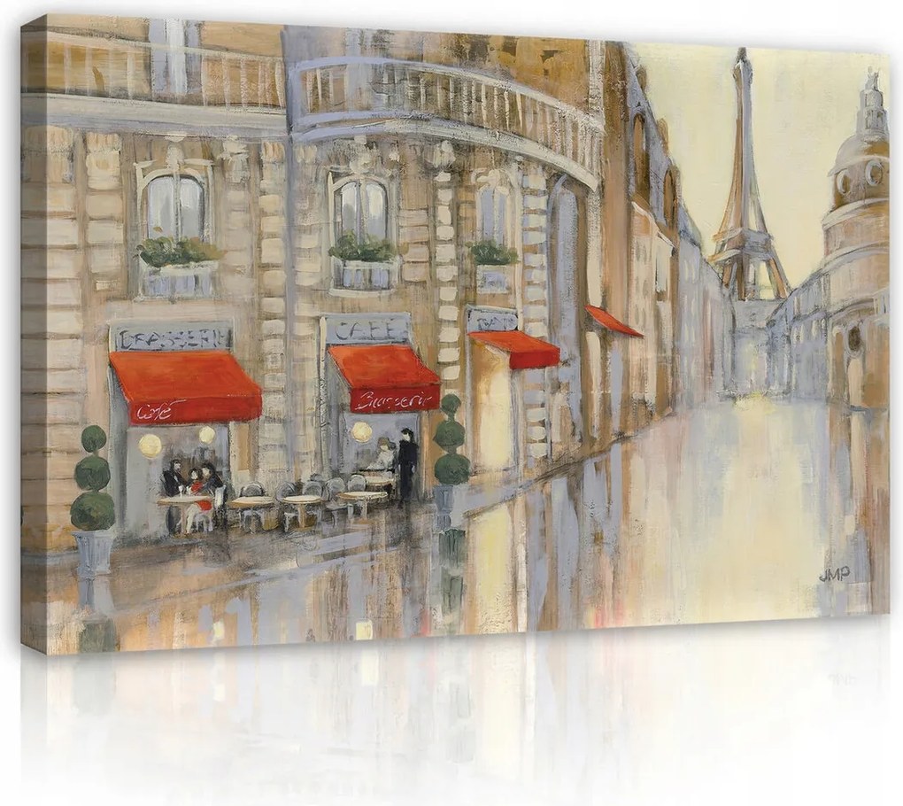 Vászonkép 120x80 Párizs kávézó eső este macskakő tükröződés romantika