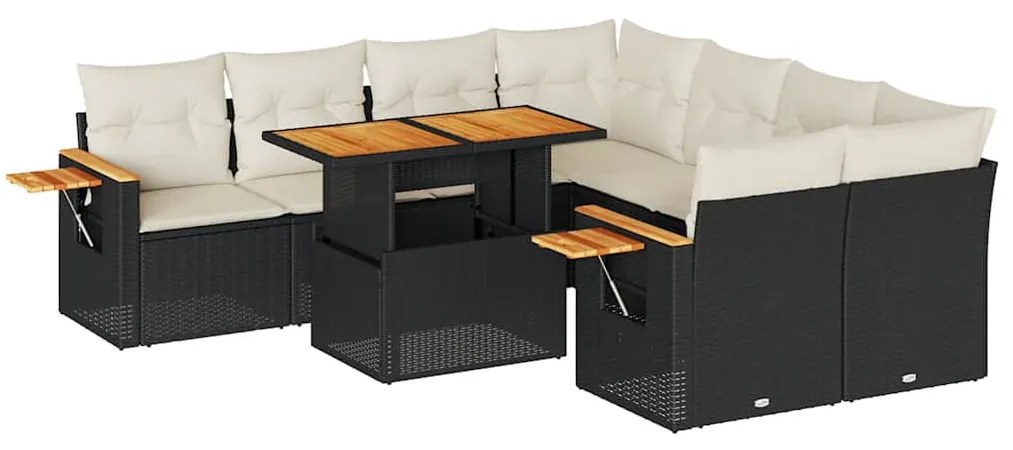9 részes fekete polyrattan akácfa kerti ülőgarnitúra párnákkal