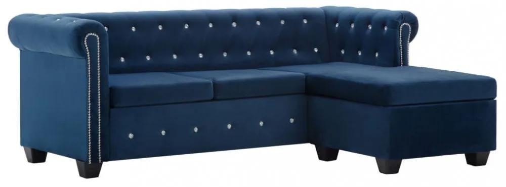 Kék l-alakú bársony chesterfield kanapé 199 x 142 x 72 cm