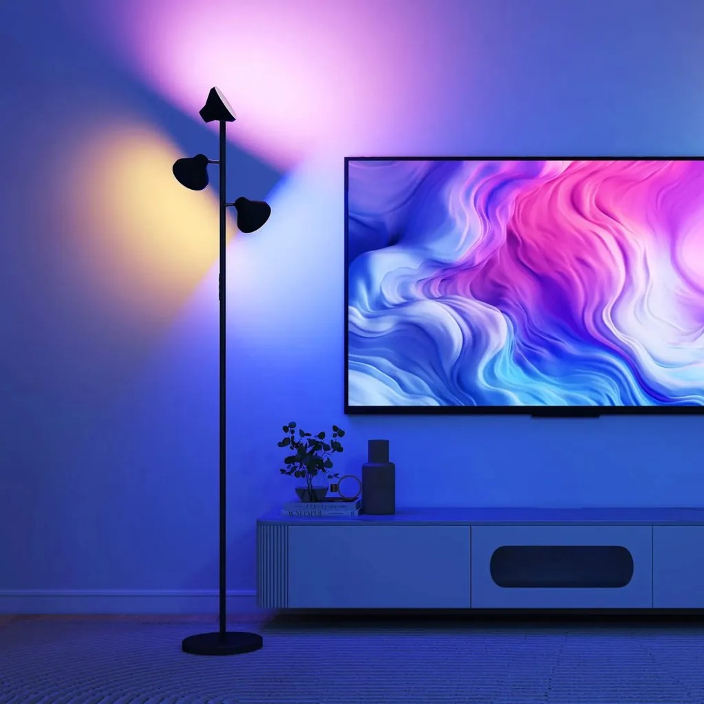 HOMCOM Állólámpa olvasólámpával, RGB színváltós, 3 forgófej, távirányítóval fekete
