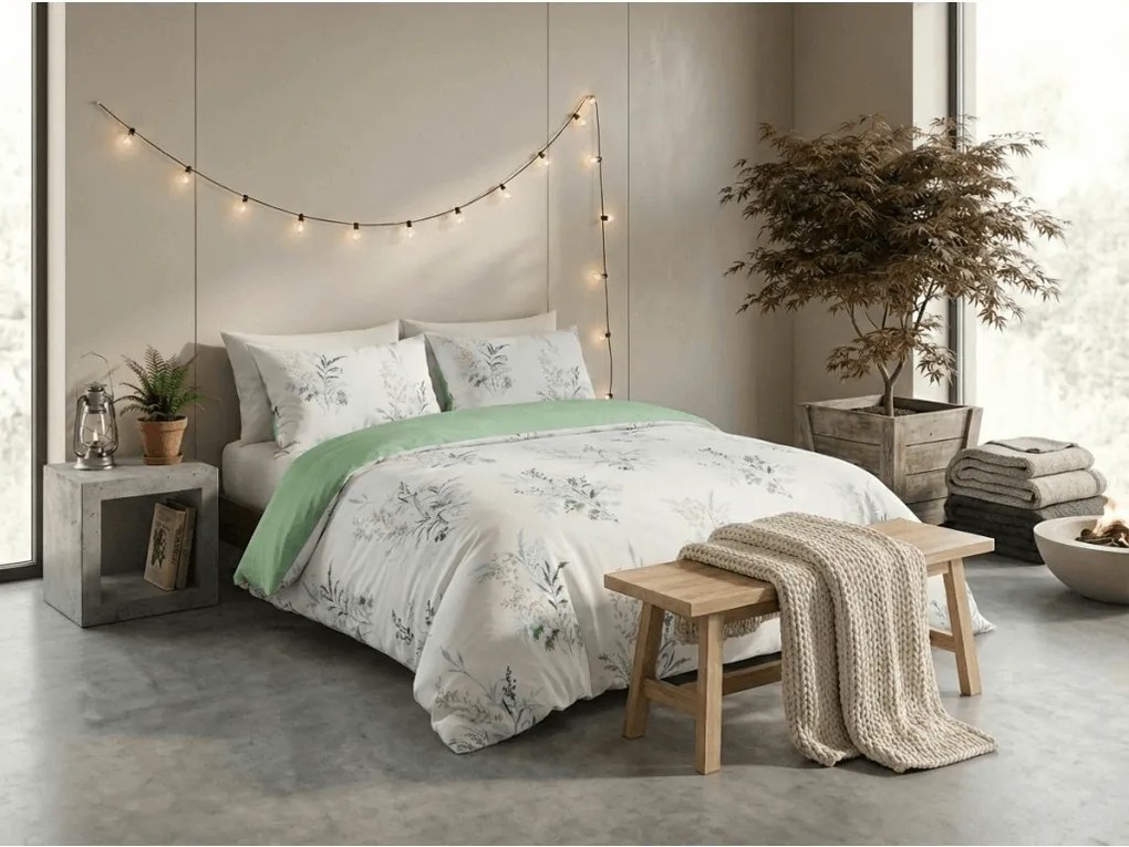 Mikroszálas flanel ágyneműhuzat VERDELLE fehér-zöld Ágyneműhuzat mérete: 2 db 70 x 90 cm | 200 x 220 cm