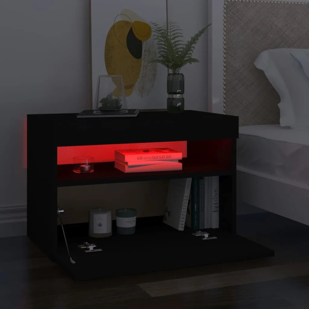 Fekete éjjeliszekrény LED-lámpákkal 60x35x40 cm szerelt fa