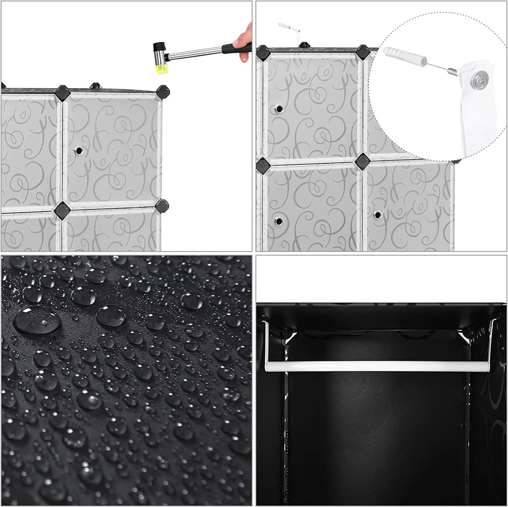 Gardrób 2 ruhatartó rúddal, moduláris kombinált szekrény, fekete