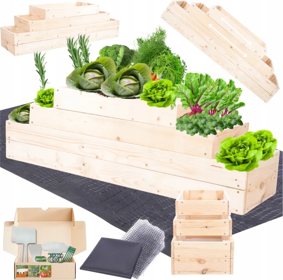 Magasított ágyás lépcsőzetes állítható fa zöldségtartó 36x120x30