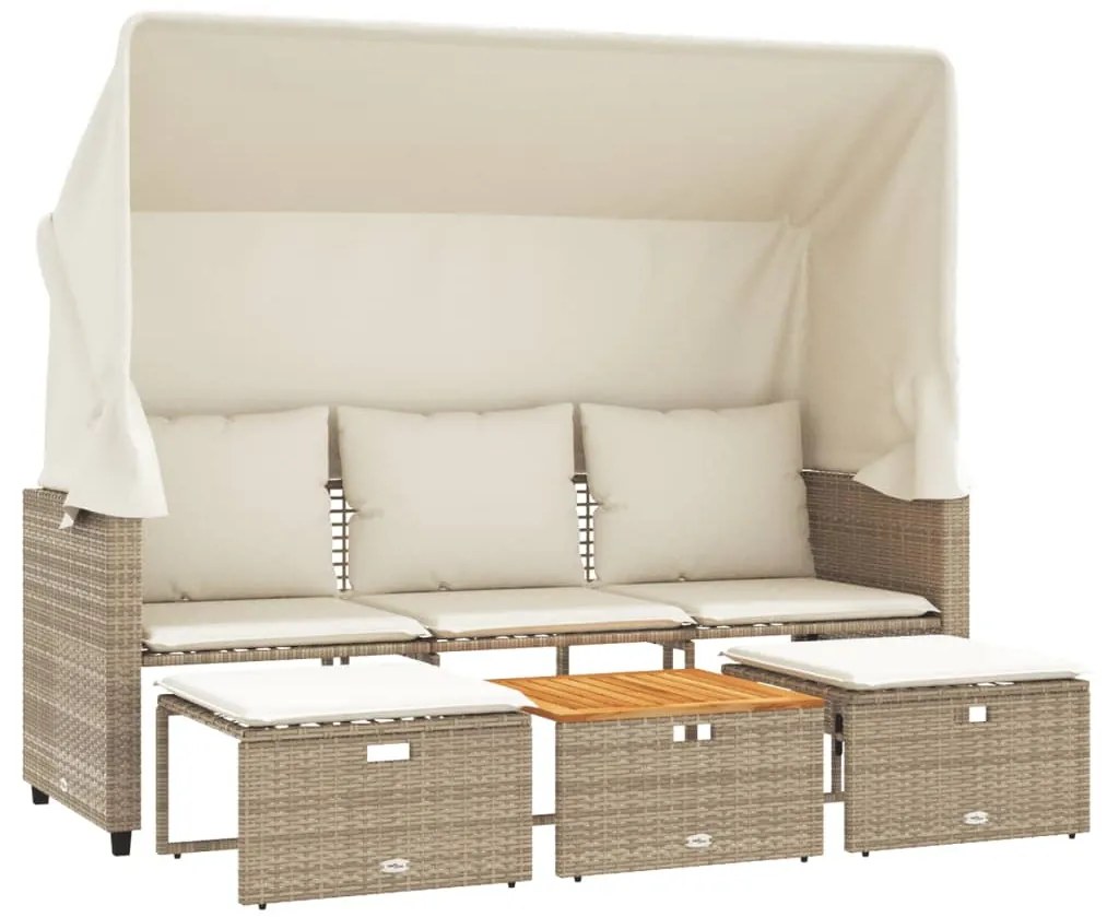 3 személyes bézs polyrattan kerti kanapé baldachinnal/székkel
