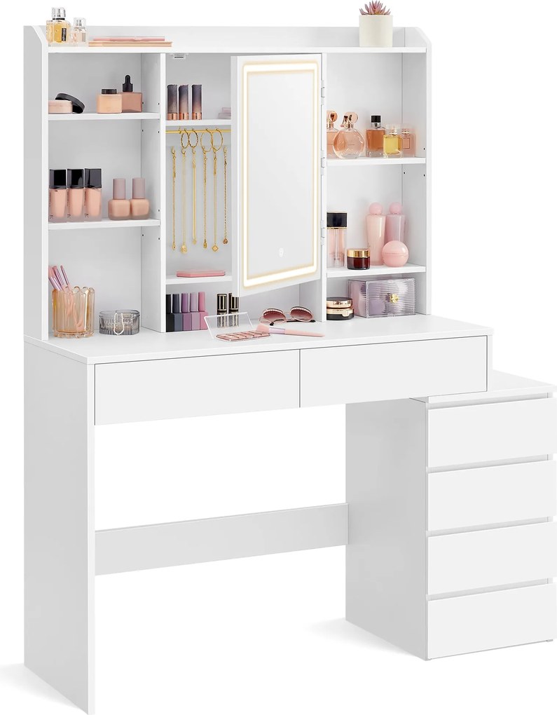 KAILYN Fésülködő asztal, LED világítású sminkasztal tükörrel és fiókokkal, felhőfehér